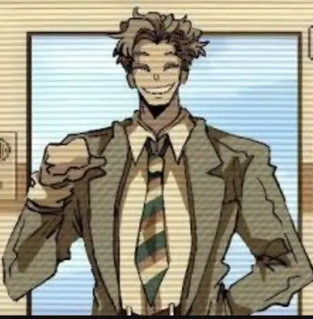 Bryce Stryker character sprite from Elevator Hitch - corporate 70s salesman aesthetic with teal dialogue coding