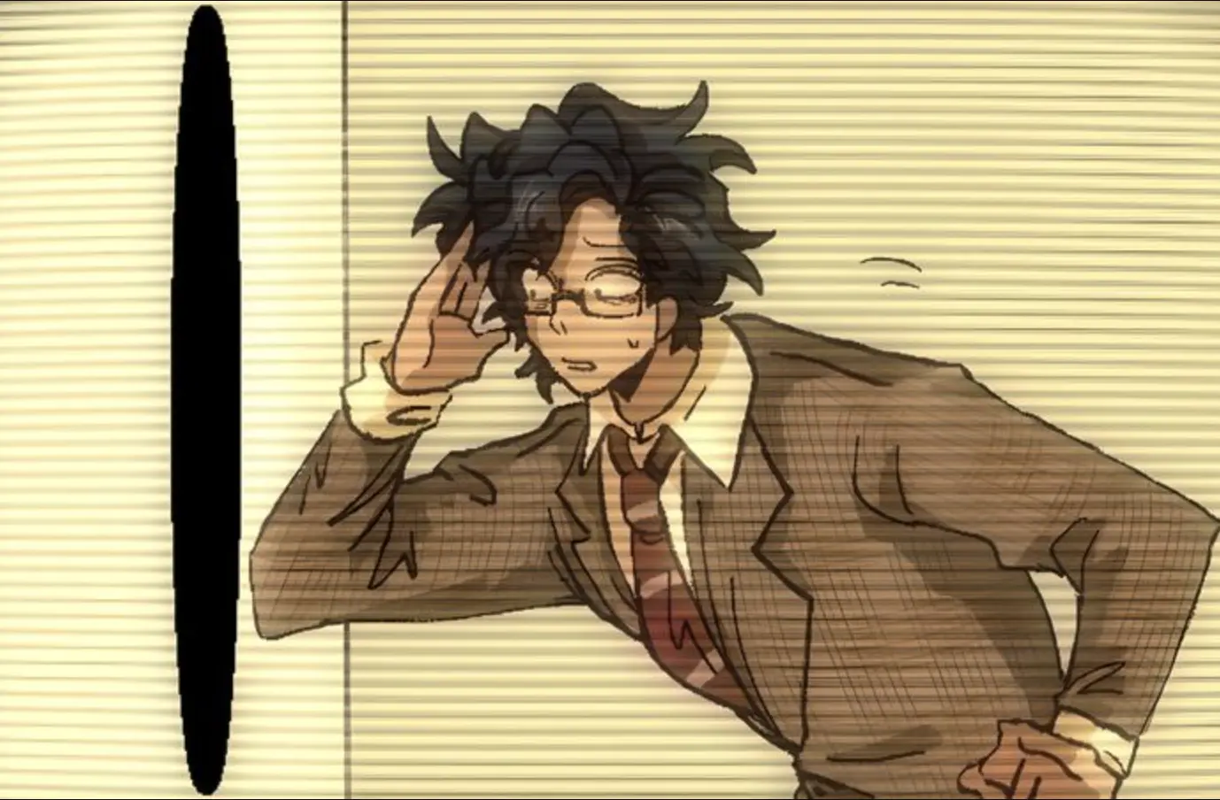 Elevator Hitch Protagonist visual design analysis - showing 70s office attire and red dialogue box style pixel art