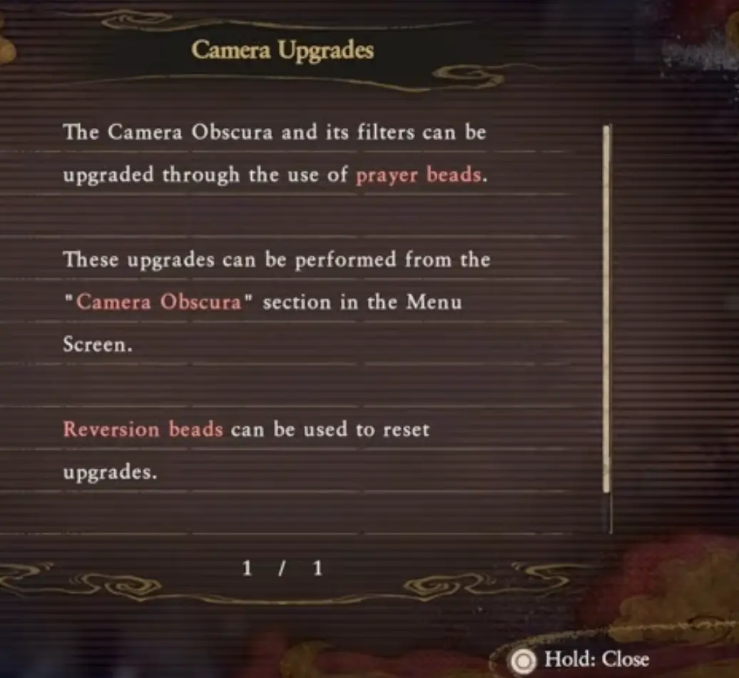 Camera Obscura upgrade menu in Fatal Frame 2 Remake