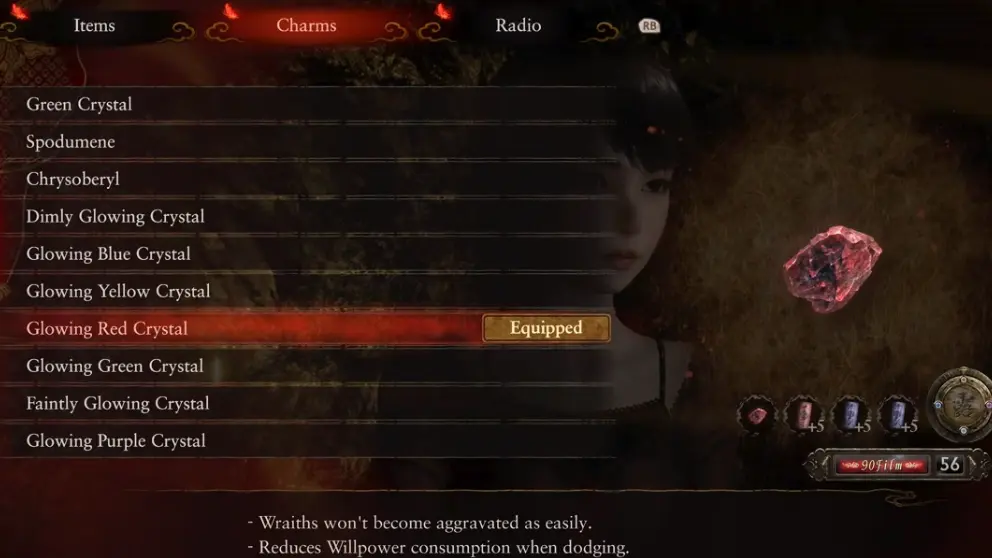 Fatal Frame 2 Remake Charms menu used to equip ending-related Spirit Stones before the final route
