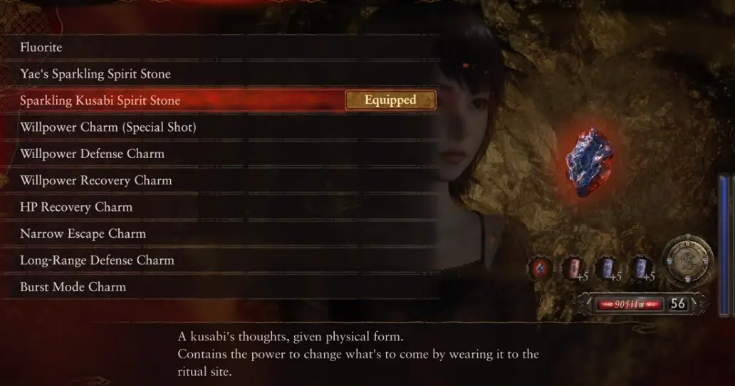 Sparkling Kusabi Spirit Stone equipped before The Abyss ending route in Fatal Frame 2 Remake