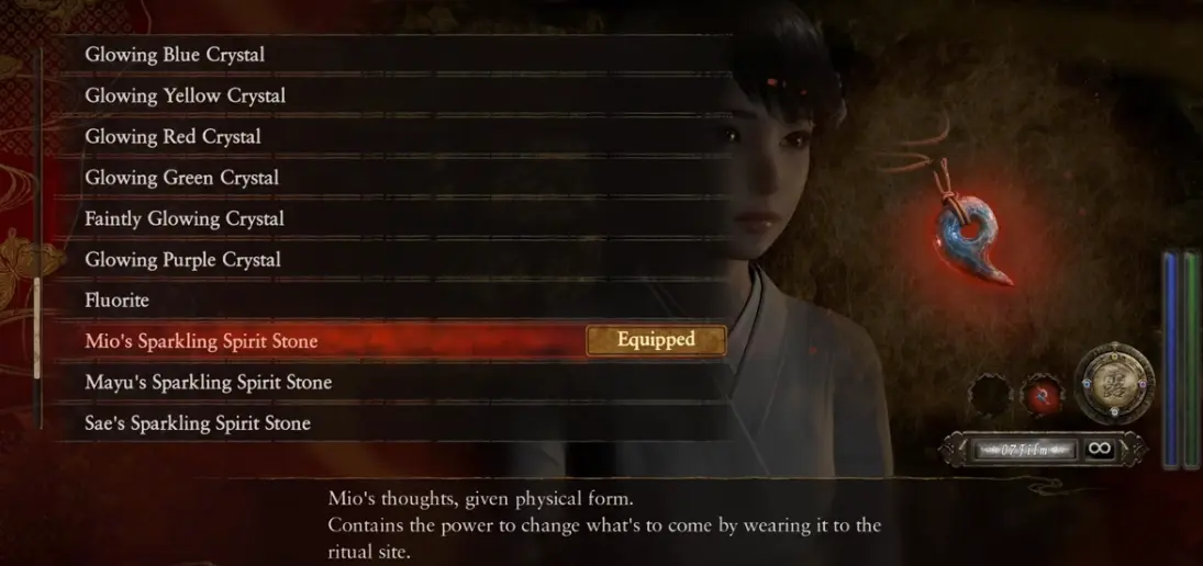 Fatal Frame 2 Remake Mio Sparkling Spirit Stone equipped before Remaining Sun ending route