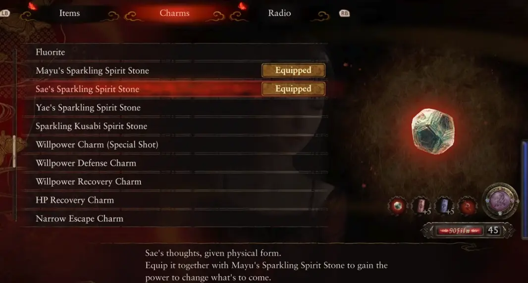 Sae and Mayu Sparkling Spirit Stones equipped together for Sprouting Wings ending in Fatal Frame 2 Remake