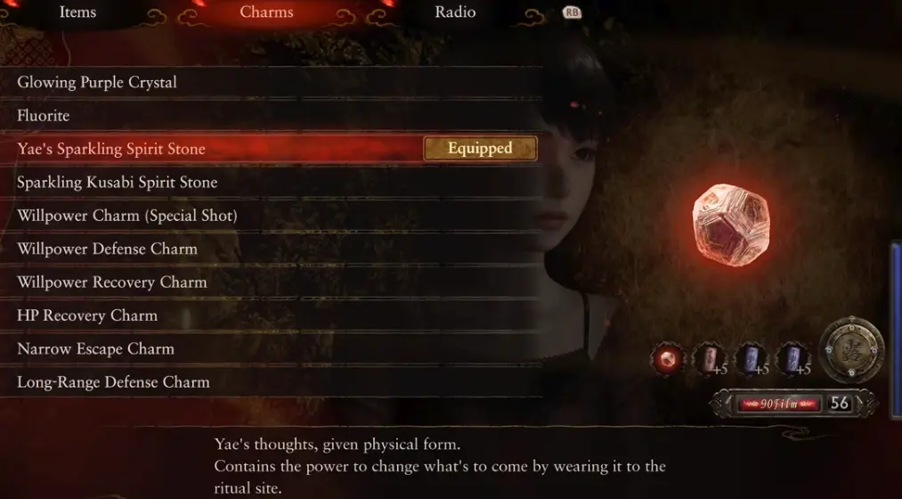 Yae Sparkling Spirit Stone equipped before The Promise ending route in Fatal Frame 2 Remake
